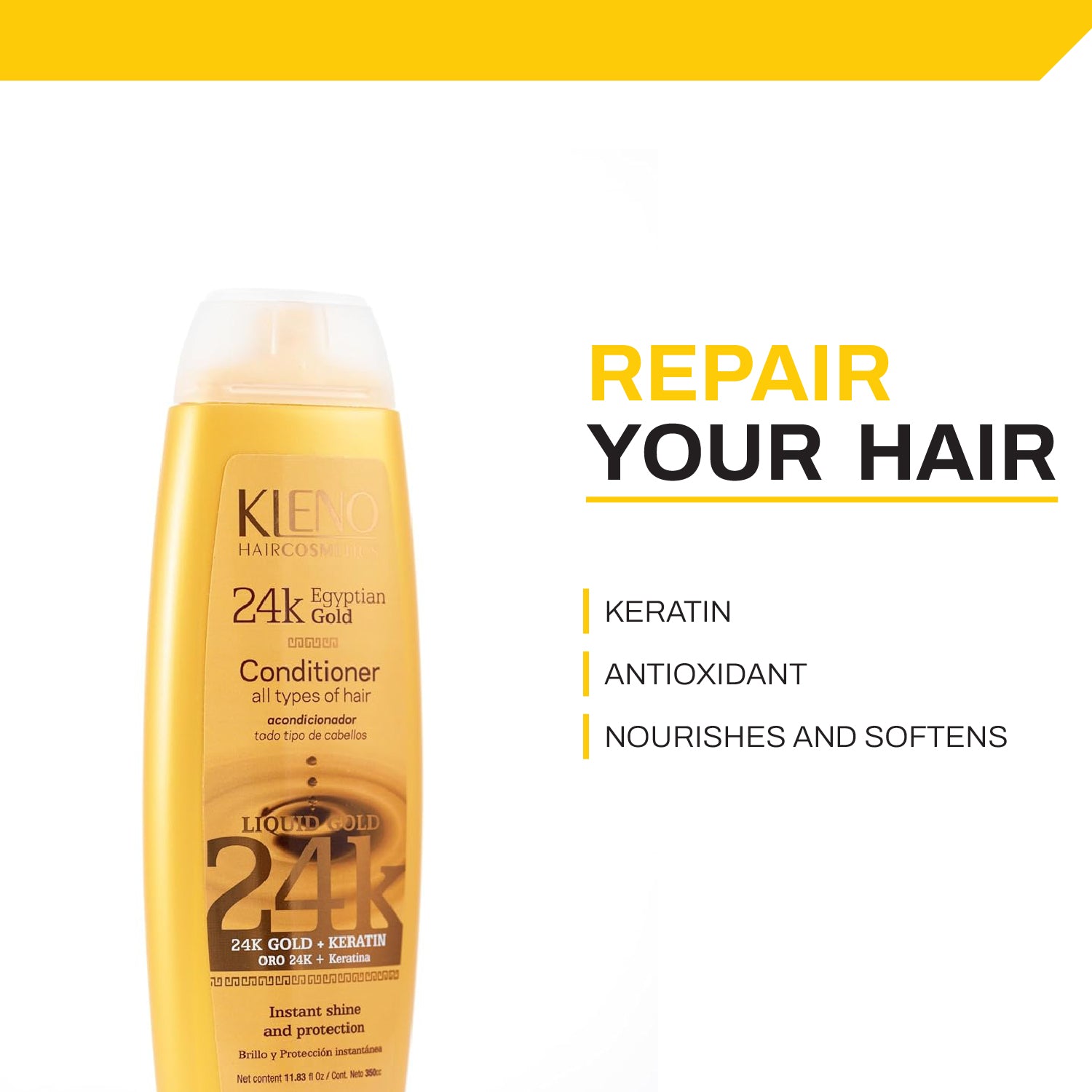 Kleno Egyptian Gold 24k + Keratin Conditioner - Hydrating & Repairing Formula, Enhances Shine, Suitable for All Hair Types, Moisturizing Care, 11.83 fl oz