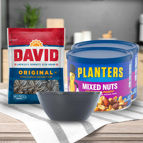 2 Planters Mixed Nuts Less Than 50%, 10.3 oz + 1 David's Original Sunflower Seeds 5.25oz + Bowl as a gift
