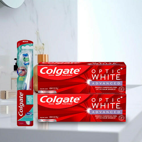 Colgate 360 Toothbrush with Tongue and Cheek Cleaner, Medium Toothbrush + 2 Units Colgate Optic White Advanced Teeth Whitening Toothpaste, 3.2 Oz