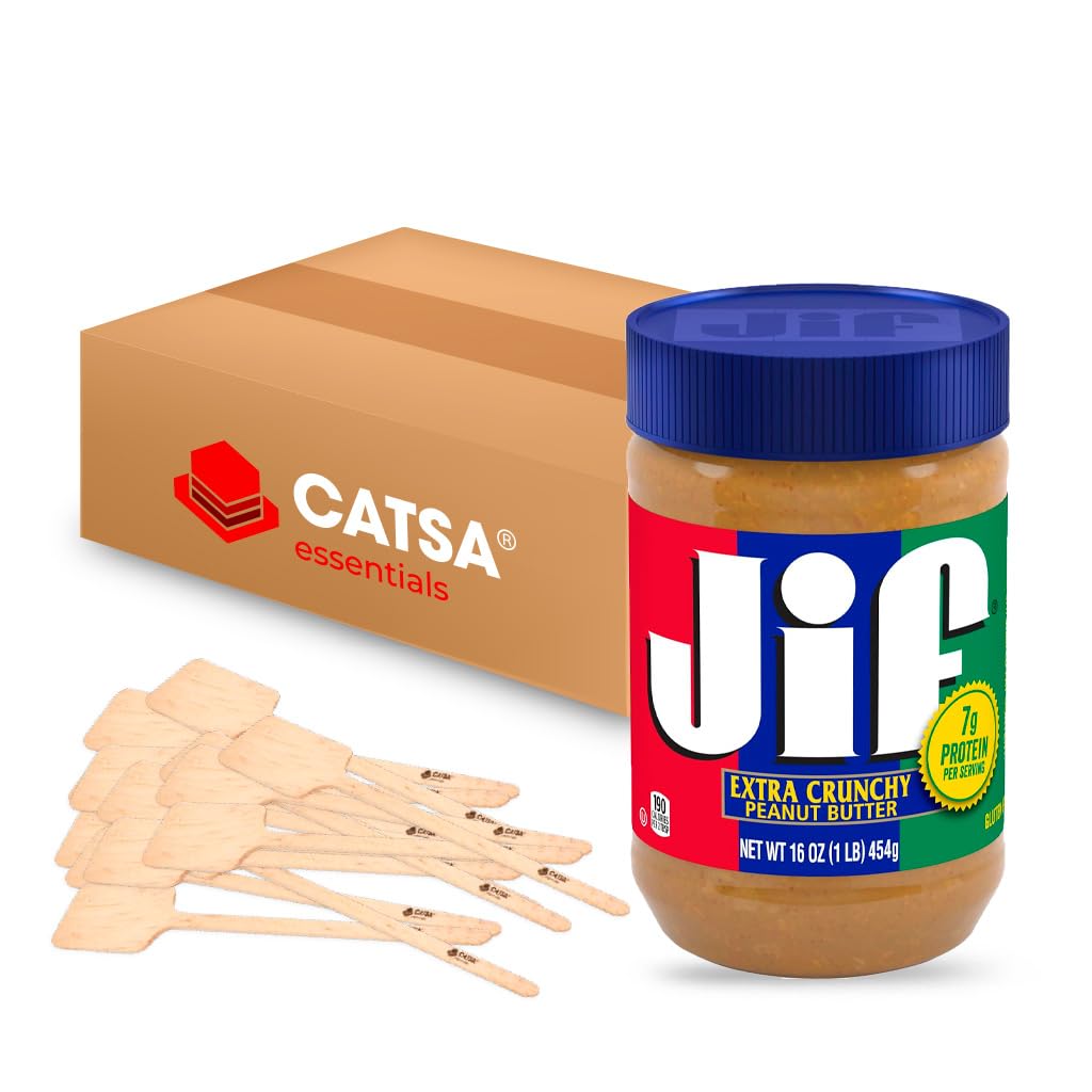 12 Jars of Jif Extra Crunchy Peanut Butter, 16 oz Each + 12 Catsa Essentials Stirrers in Catsa Essentials Pack Box