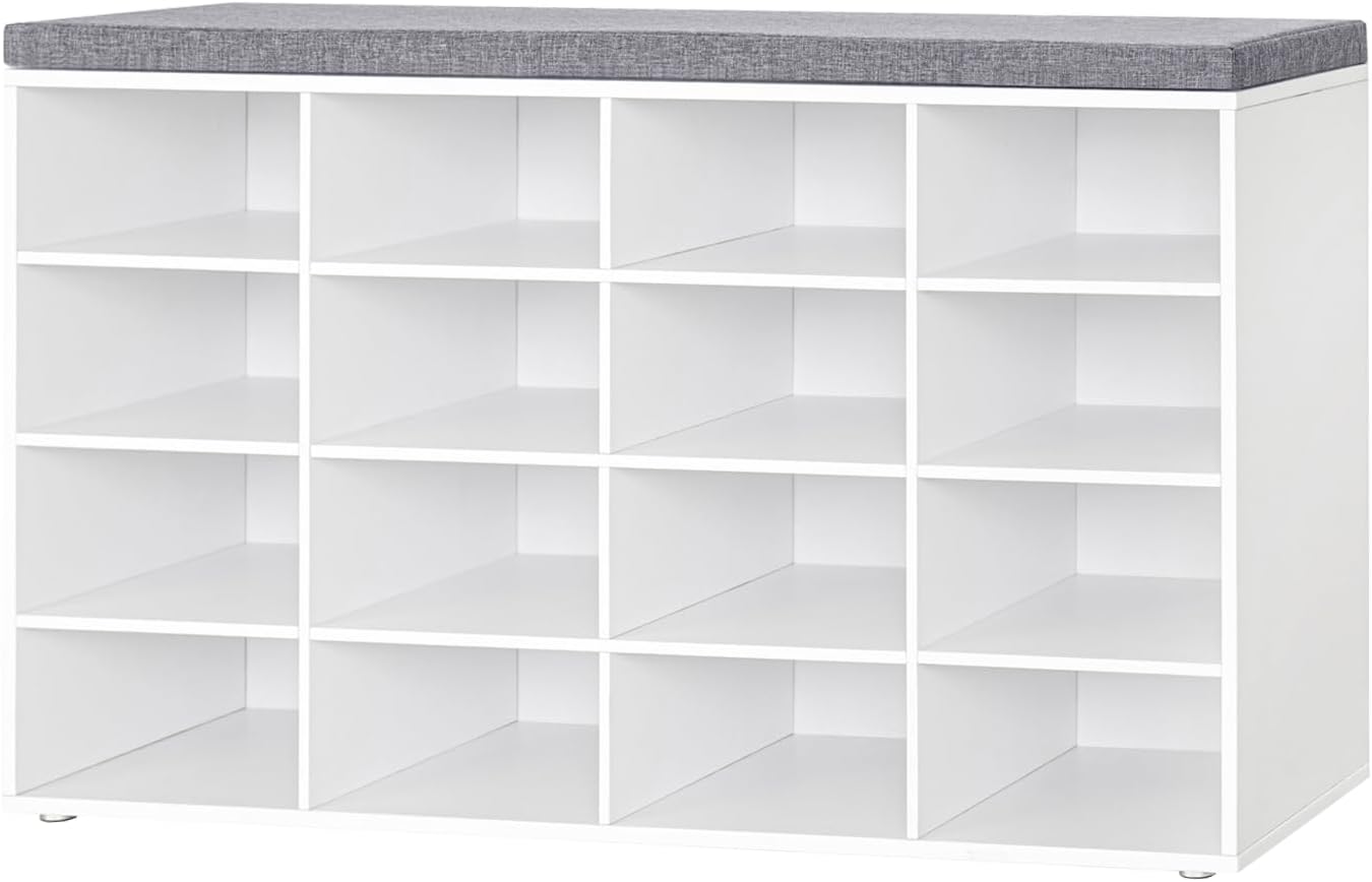 DINZI LVJ Shoe Storage Bench with Cushion, 16-Cubby Shoe Rack, Adjustable Shelves, Multifunctional Shoe Organizer Bench for Entryway, Mudroom, Hallway, Living Room, Bedroom and Garage, White (Open Box)