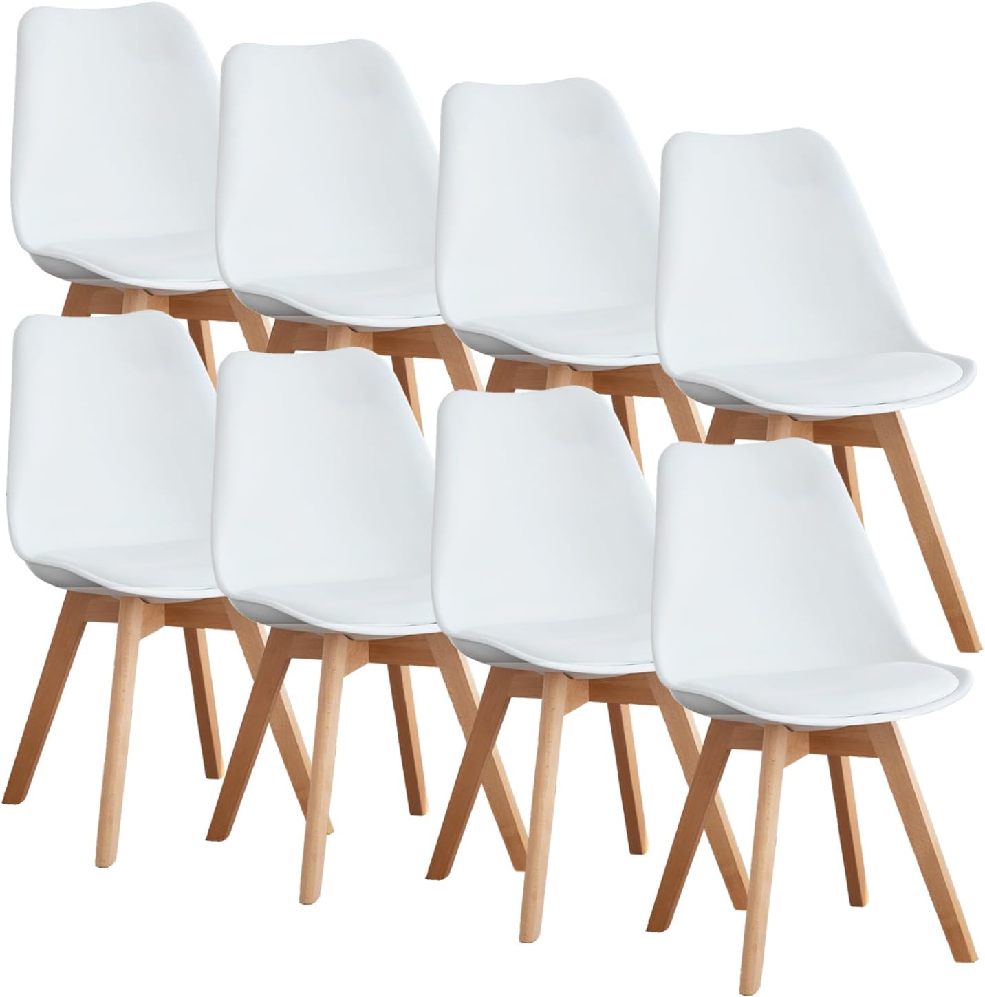 OLIXIS Dining Chairs Set of 8 Kitchen Mid Century Modern Chairs with Wood Legs and PU Leather Cushion for Living Room Bedroom Outdoor Lounge, White (OPEN BOX)