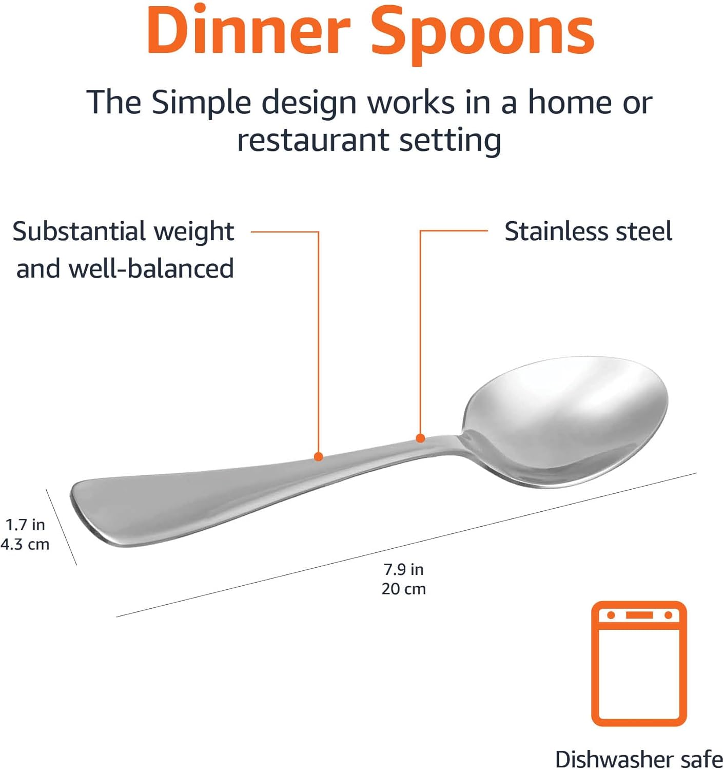 Stainless Steel Dishwasher Safe Dinner Spoons with Round Edge, Large Tablespoons, 7.9 inches, Pack of 12, Silver