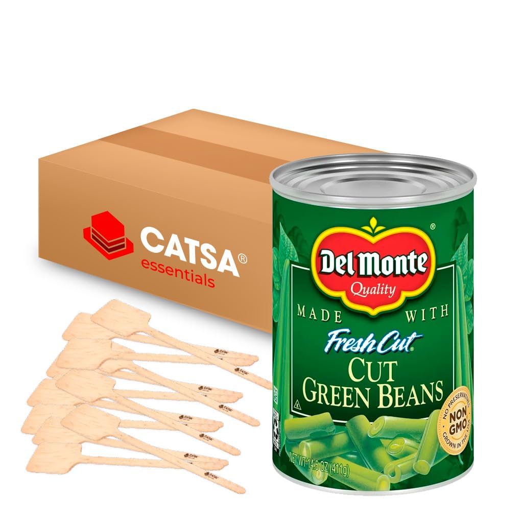 12 Cans Del Monte of Cut Green Beans Canned Vegetables, 14.5 oz Each + 12 Catsa Essentials Stirrers in Catsa Essentials Pack Box