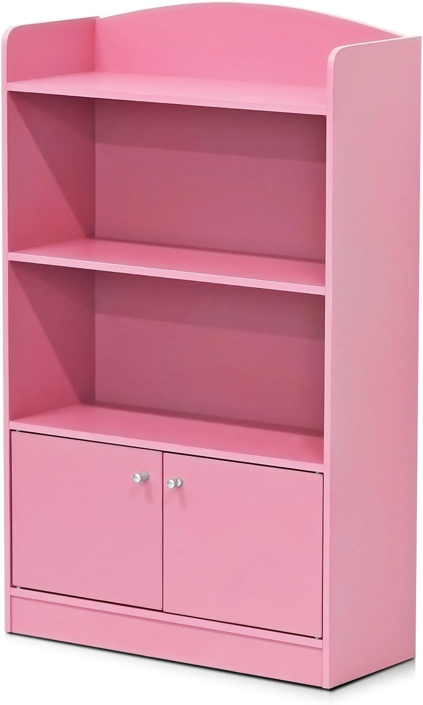 Furinno Bookshelf with Storage Cabinet, 2-Shelf with Doors, Pink (OPEN BOX)