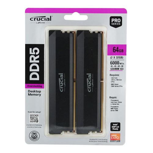 Crucial Pro 64GB (2 x 32GB) DDR5-6000 PC5-48000 CL40 Dual Channel Desktop Memory Kit CP2K32G60C40U5B - Black
