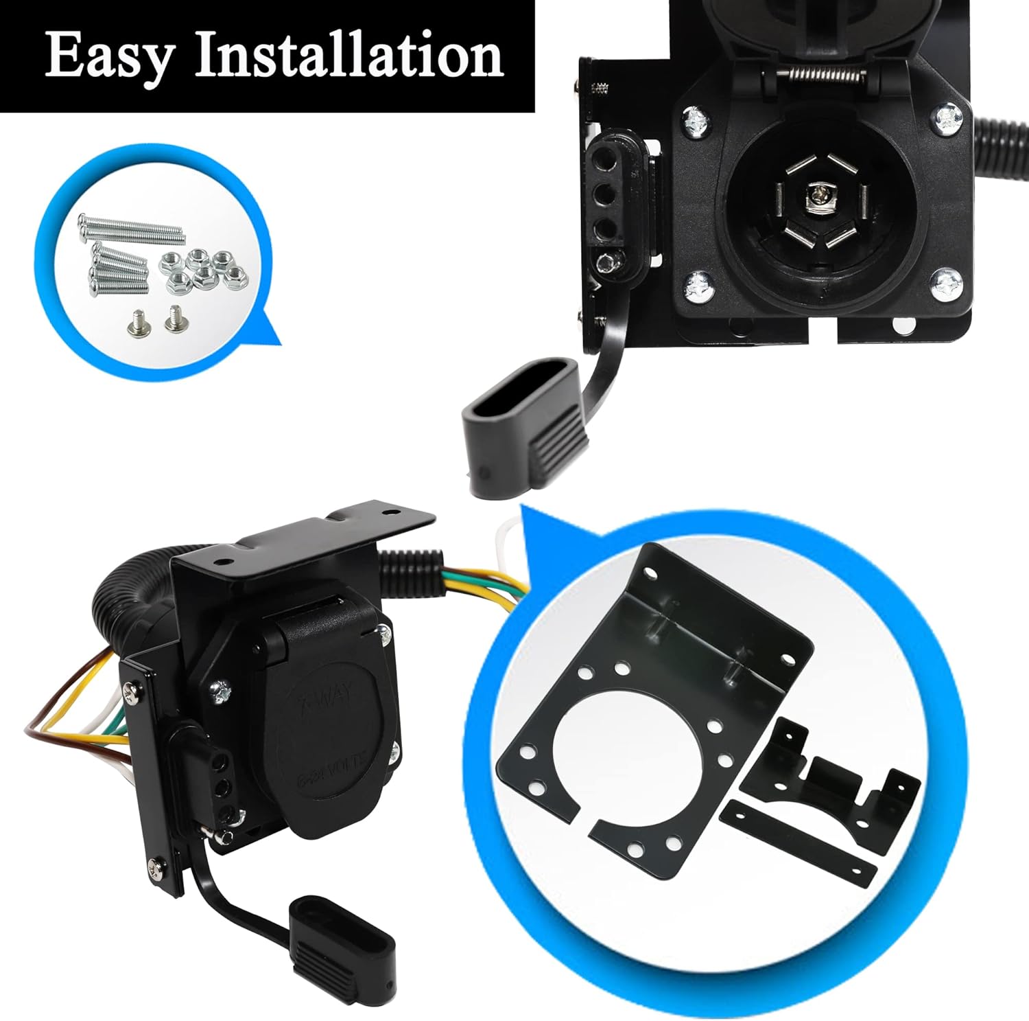 Oyviny 4-Way Flat to 7-Way Round Blade and 4 Way Trailer Wiring Harness Adapter Vehicle-Side 4 Pin to Trailer-Side 7 Pin and 4 Pin Dual-Output Connector with Mounting Bracket for Truck RV(Black)