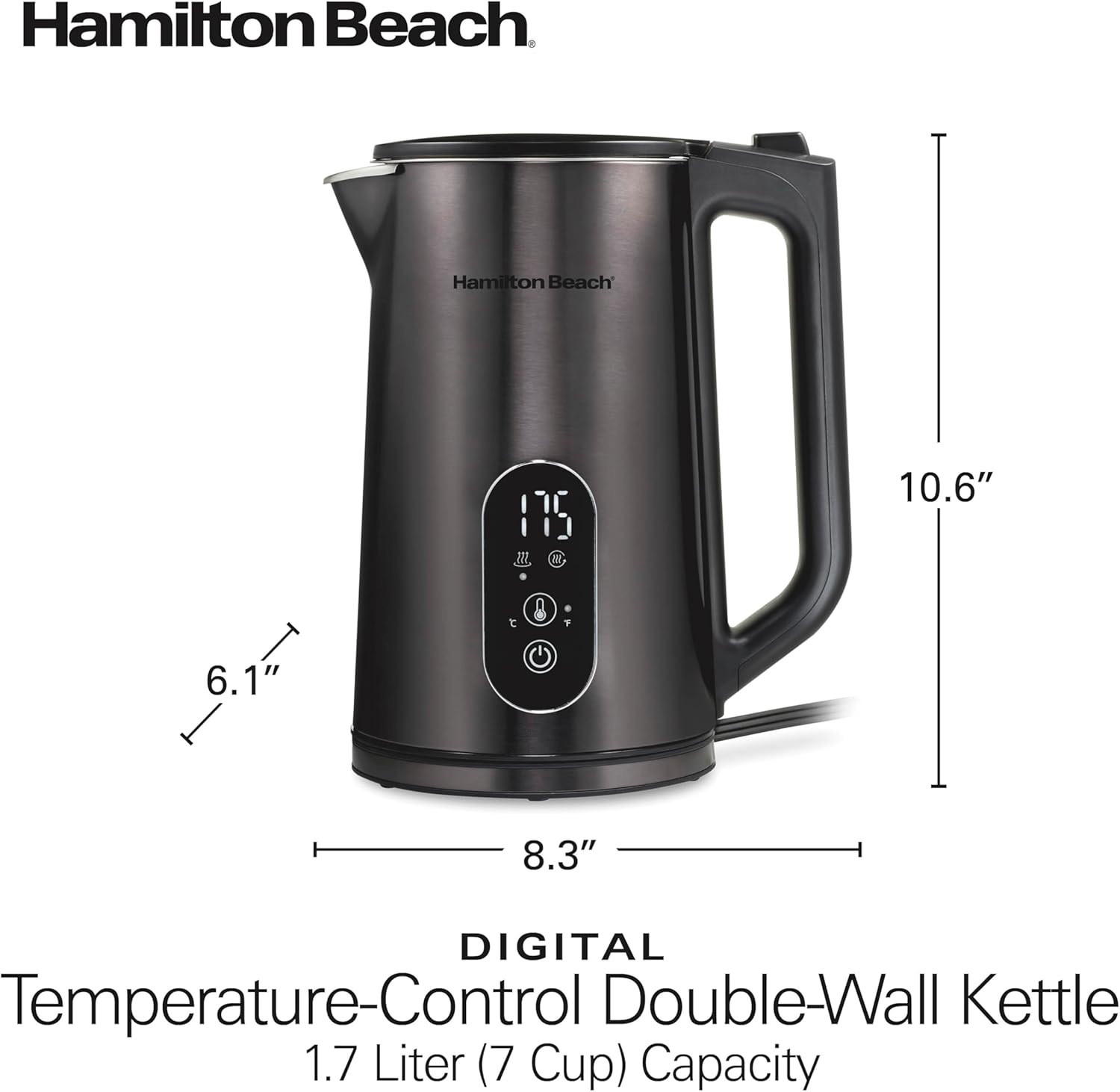 Hamilton Beach Digital Temperature Control Electric Tea Kettle, Hot Water Boiler & Heater 1.7L, 5 Preset Modes + Keep Warm, Fast Boil 1500 Watts, BPA Free, Double Wall Construction, Black