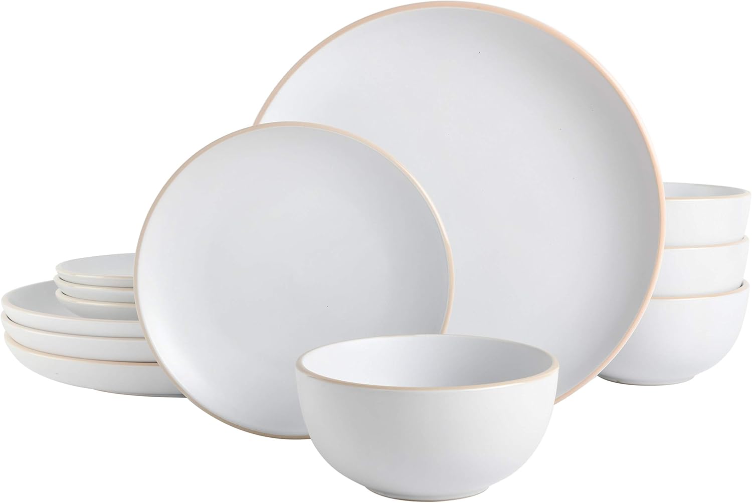 Gibson Home Rockaway 12-Piece Round Stoneware Dinnerware Set, Service for 4 – White Plates and Bowls, Modern Matte Finish, Microwave & Dishwasher Safe (OPEN BOX)