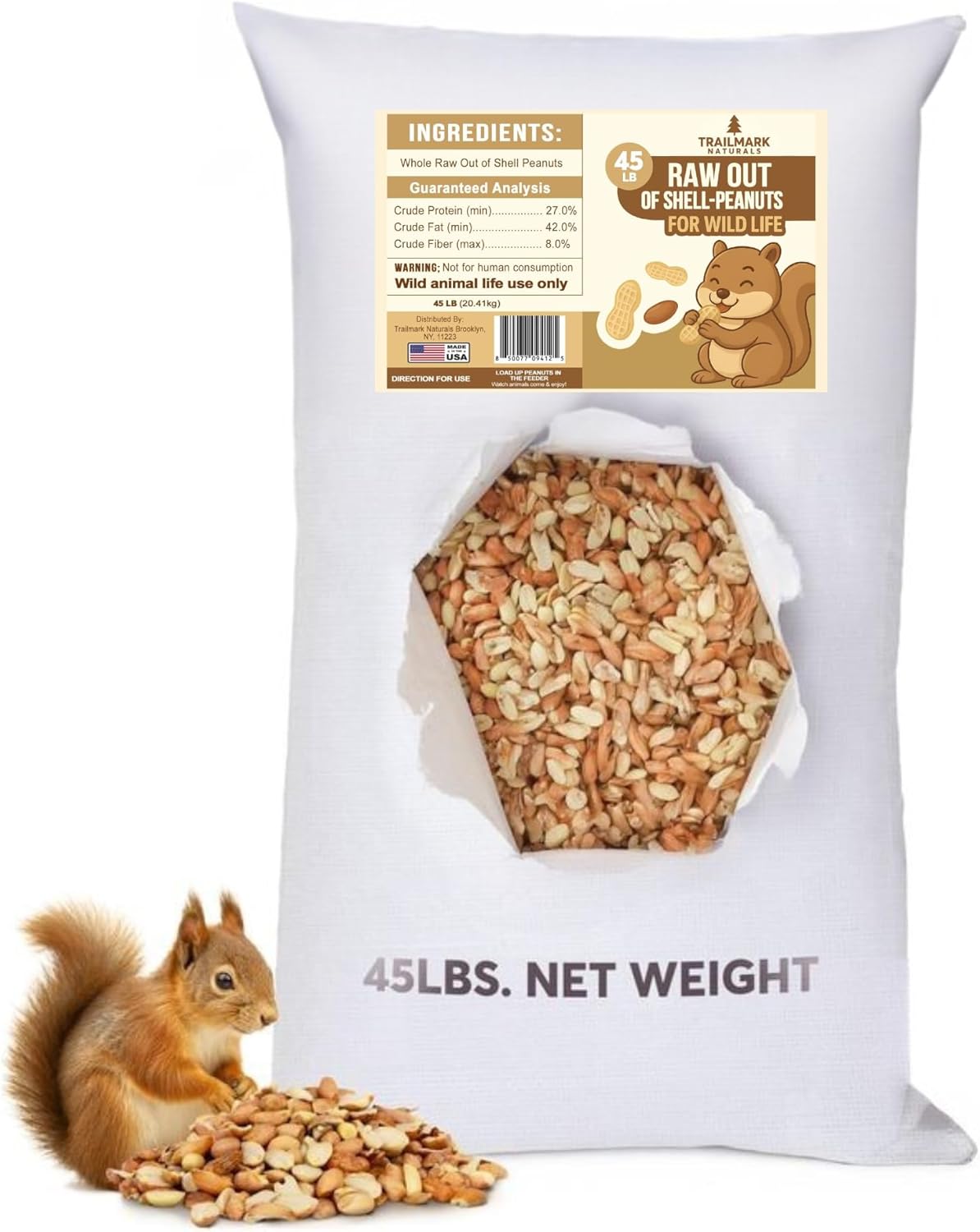 TRAILMARK NATURALS 45 LB - Raw Shelled Peanuts For Squirrels, Out of Shell Peanuts For Birds and Wildlife- Squirrel Food, Wild Bird Seed - Grown in The USA