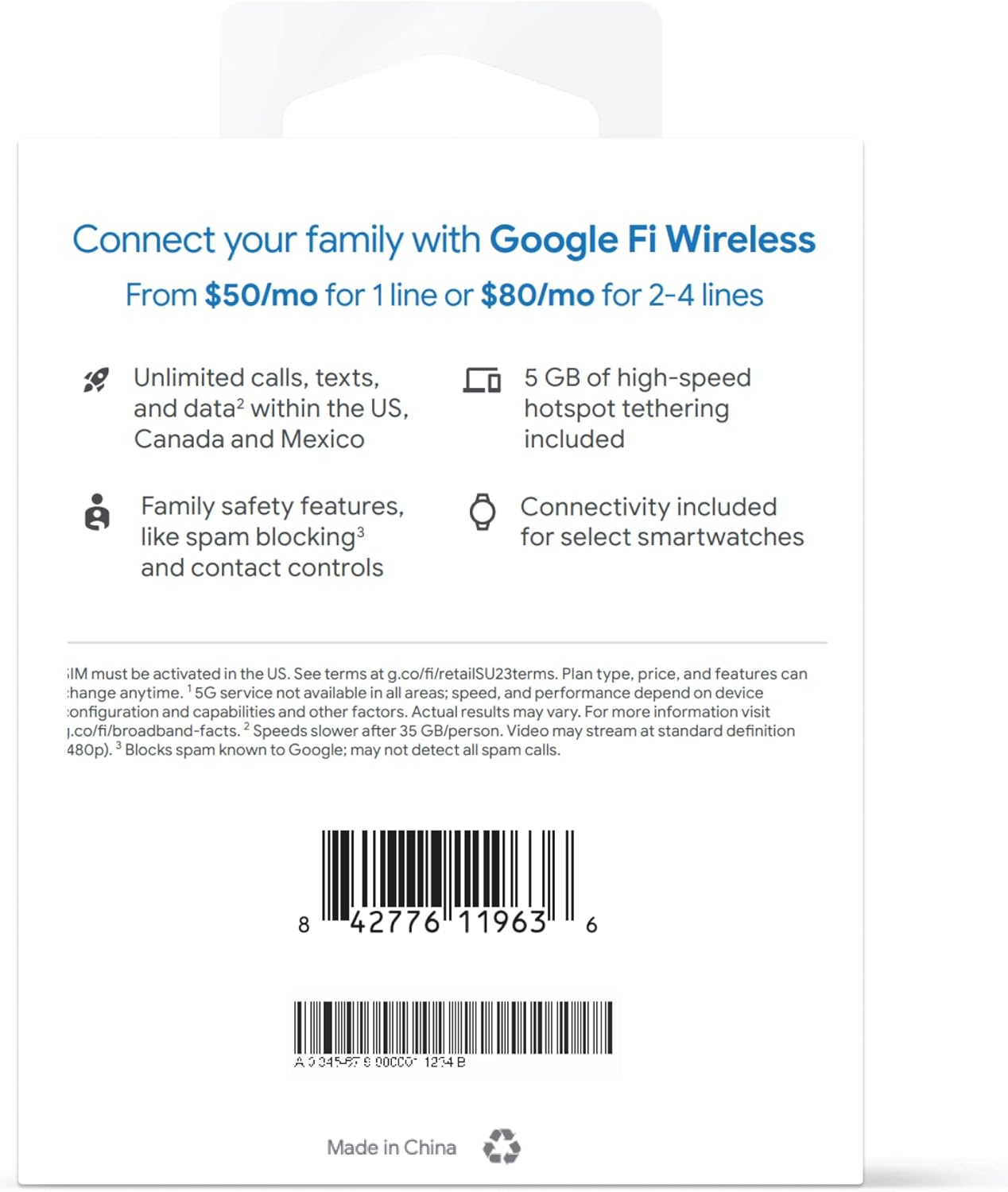 Google Fi Wireless Simply Unlimited Plan | Talk/Text/Data | Unlimited 5G/4G LTE | SIM Kit - 1 Month