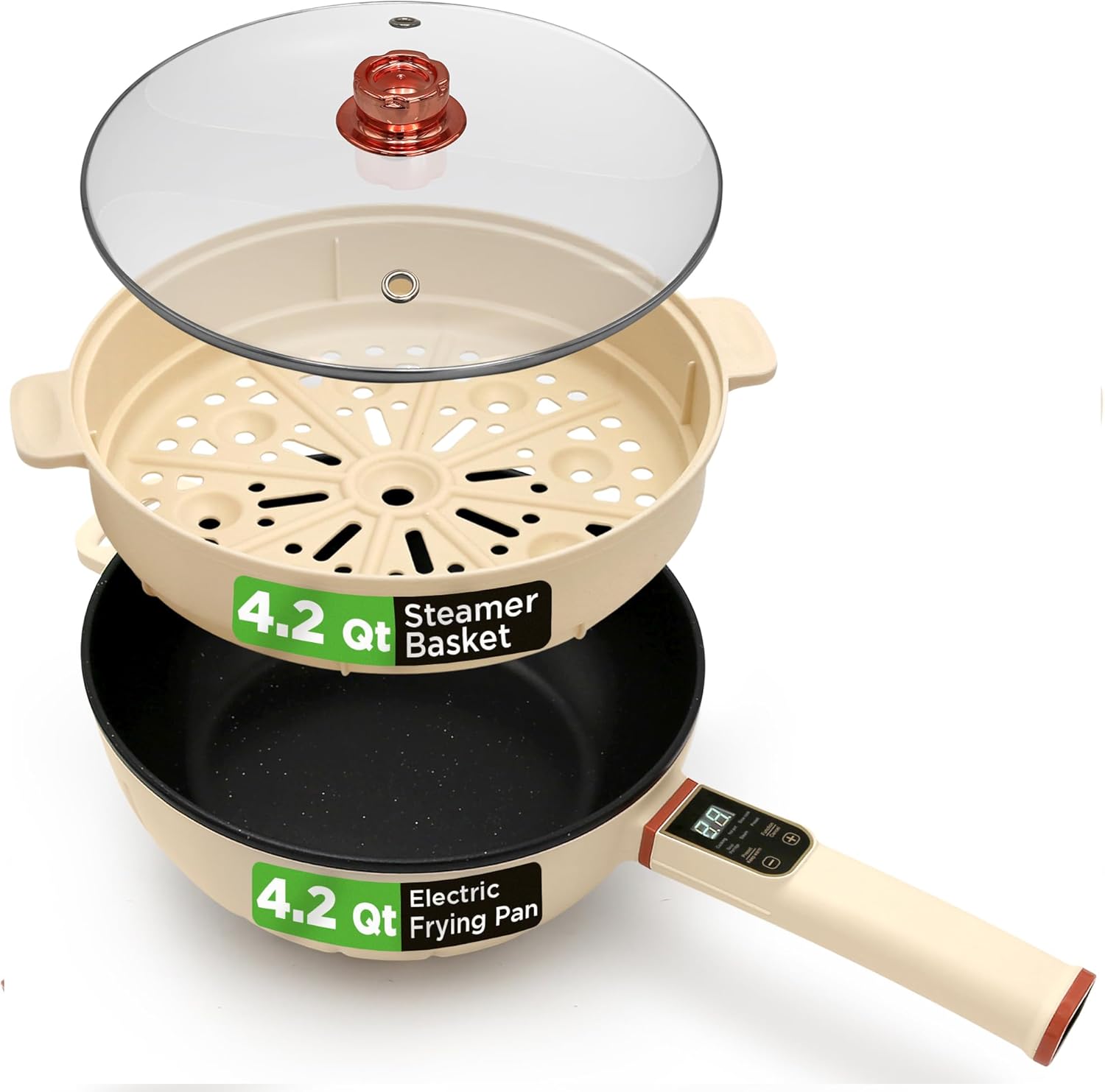 NutriChef 2 In 1 Electric Frying Pan & Steamer 8 Quarts | Portable Non-Stick Skillet for Cooking | Durable Heat Safe Handle | Touch Control Panel | 7 Cooking Functions & Electric Hot Pot | White (OPEN BOX)