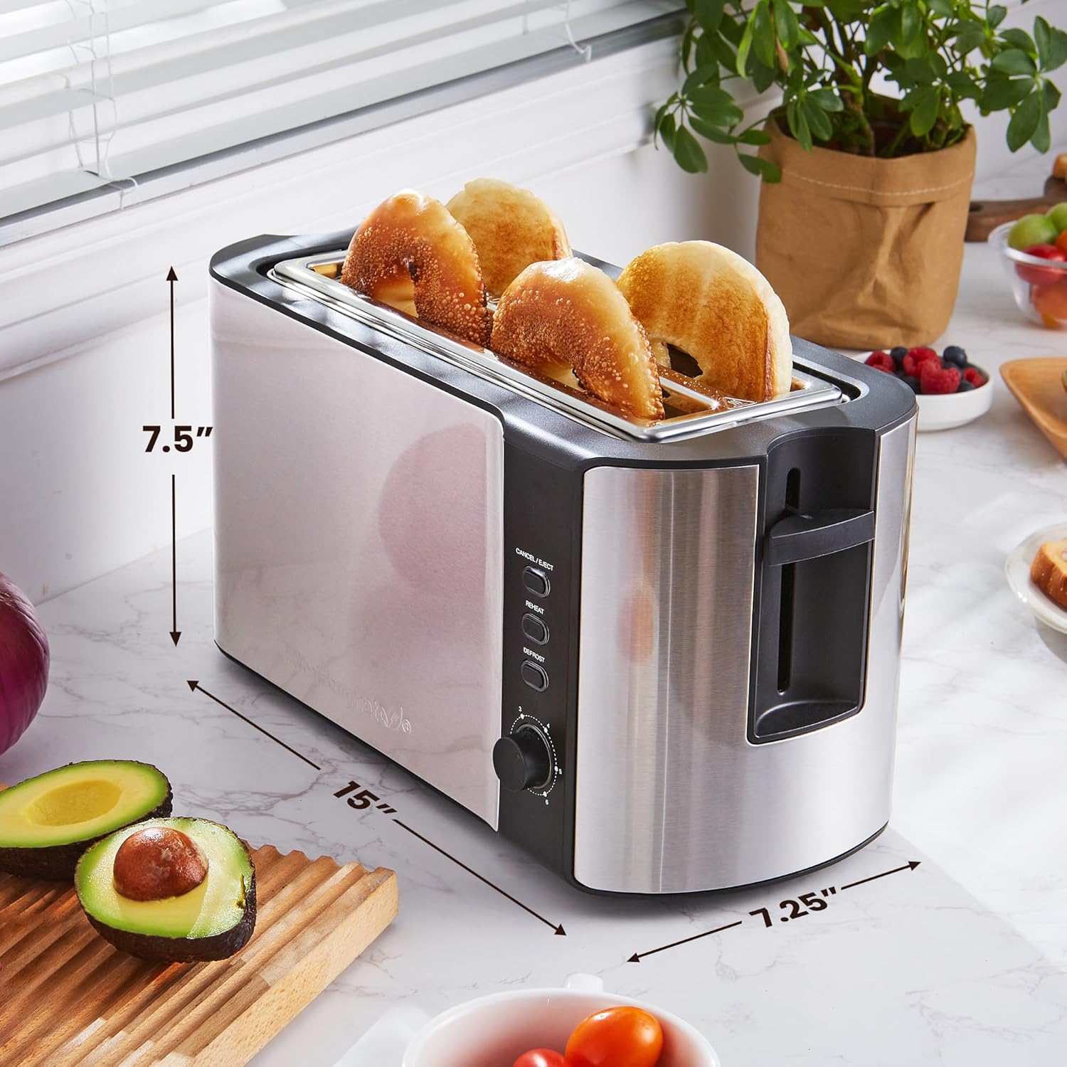 Elite Gourmet ECT-3100 Long Slot 4 Slice Toaster, Reheat, 6 Toast Settings, Defrost, Cancel Functions, Built-in Warming Rack, Extra Wide Slots for Bagels & Waffles, Stainless Steel & Black (OPEN BOX)