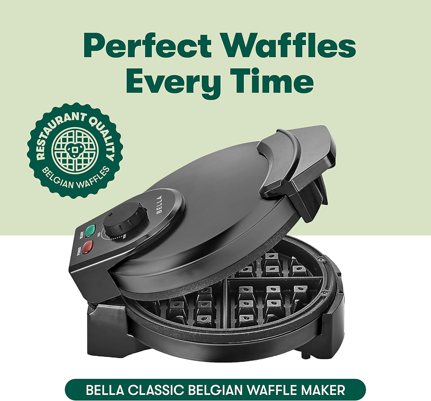 BELLA Classic Belgian Waffle Maker, 7" Round, Non Stick, Waffle Iron Makes 1” Thick Waffles, Variable browning control knob, Stay-cool handle with locking latch, Stainless Steel