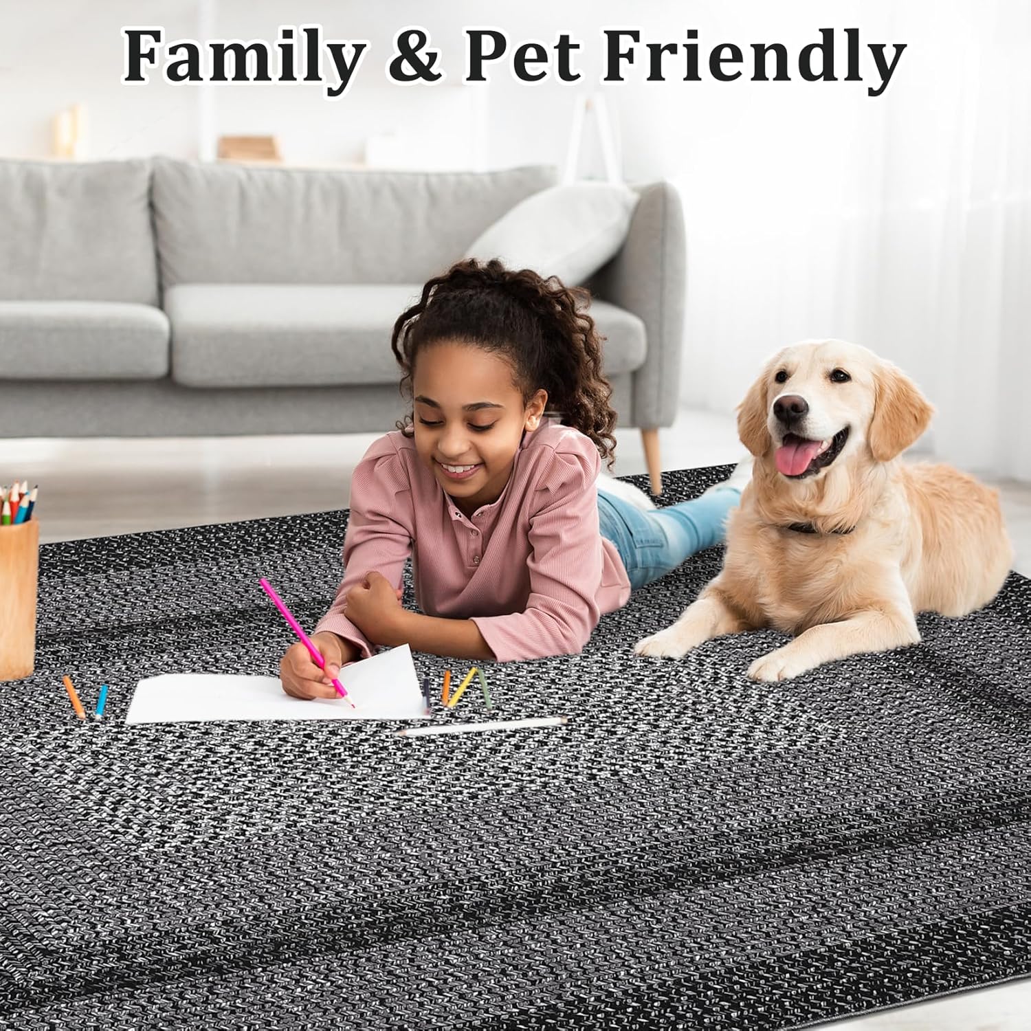 RUGSREAL 10x13 Large Living Room Rug Braided Print Boho Accent Throw Carpet Farmhouse Rustic Rug with Rubber Backing Geometric Bordered Area Rug Bohemian Carpet for Bedroom Home Decor Office, Black (OPEN BOX)