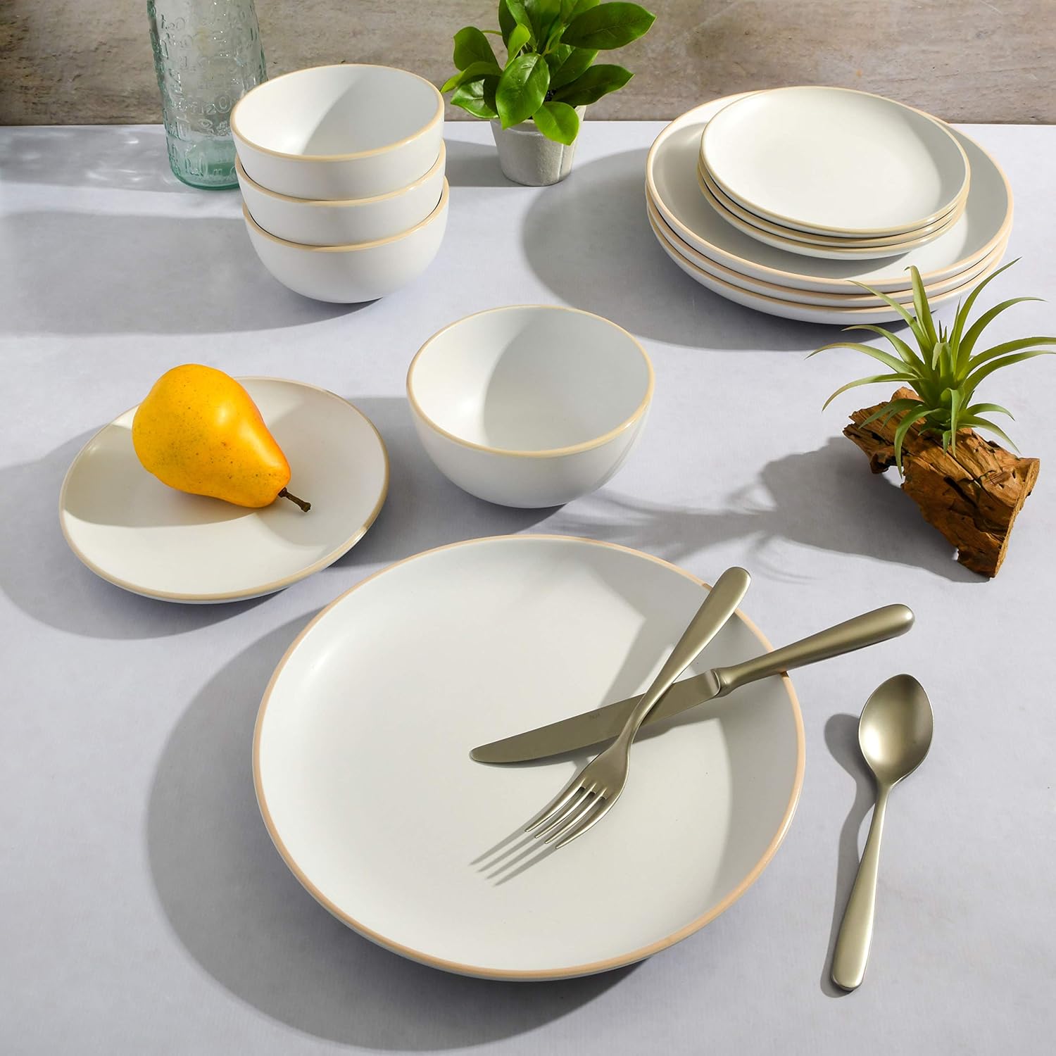 Gibson Home Rockaway 12-Piece Round Stoneware Dinnerware Set, Service for 4 – White Plates and Bowls, Modern Matte Finish, Microwave & Dishwasher Safe (OPEN BOX)