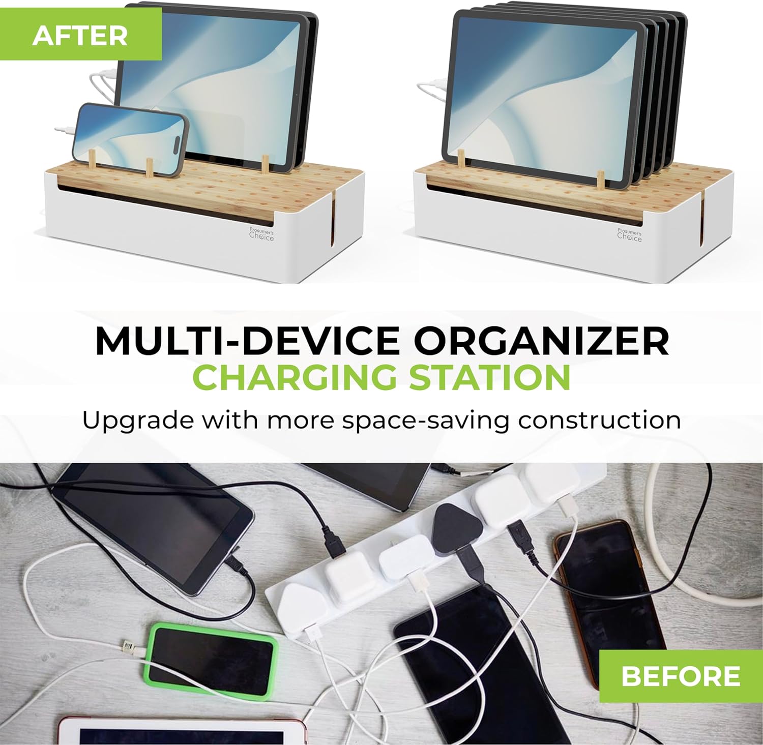 Prosumers Choice Bamboo Charging Station for Multiple Devices - Wooden Charger Organizer with Removable Dividers for Phones, Tablets, and Laptops - 11 Inch Cable Organizer Box - Space-Saving Desk Dock