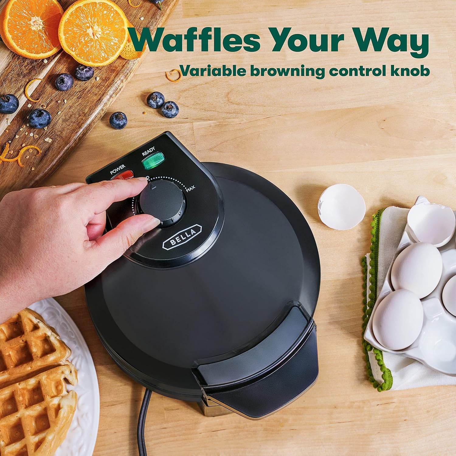 BELLA Classic Belgian Waffle Maker, 7" Round, Non Stick, Waffle Iron Makes 1” Thick Waffles, Variable browning control knob, Stay-cool handle with locking latch, Stainless Steel