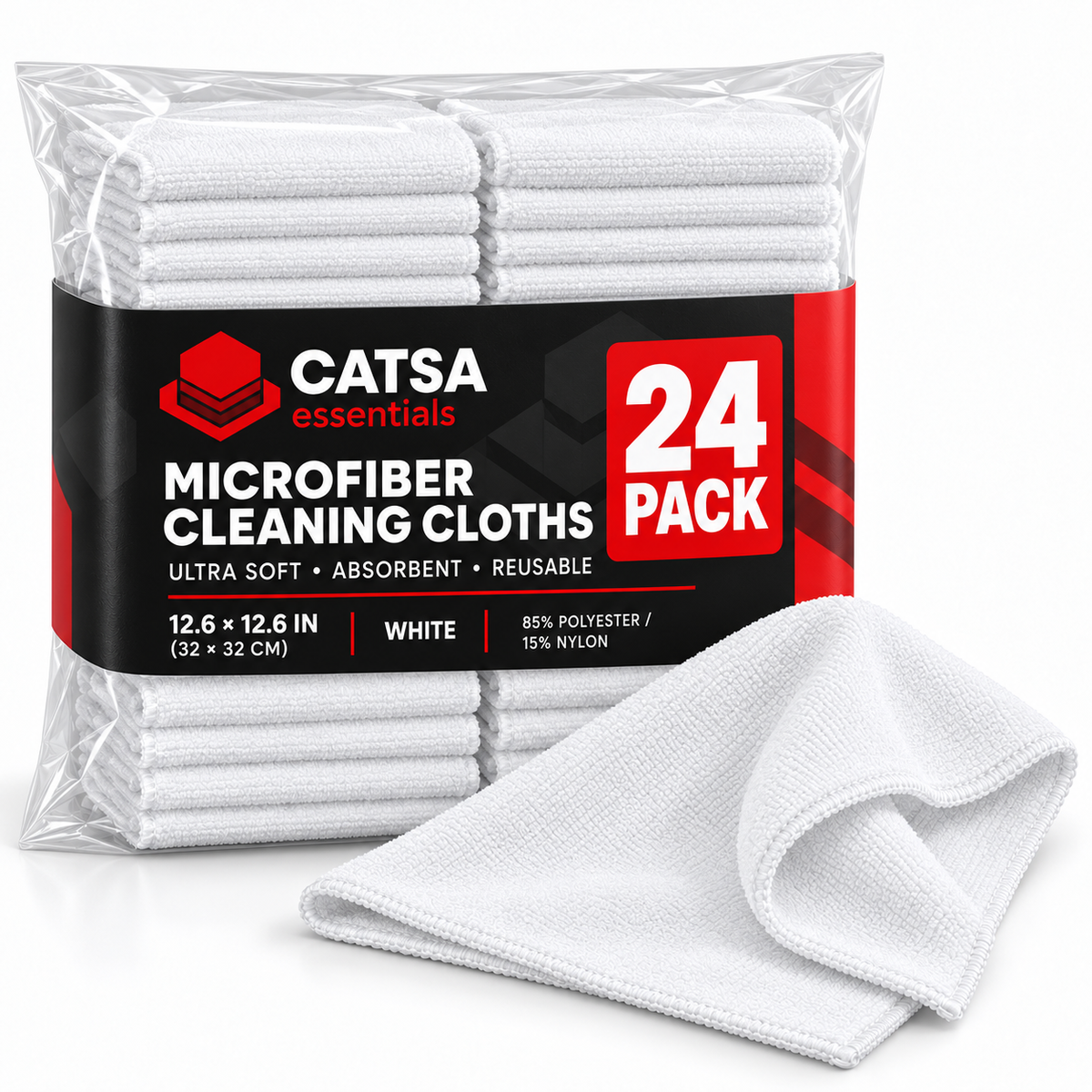 CATSA Essentials Microfiber Cleaning Cloths – 24 Pack, White, 12.6″ × 12.6″