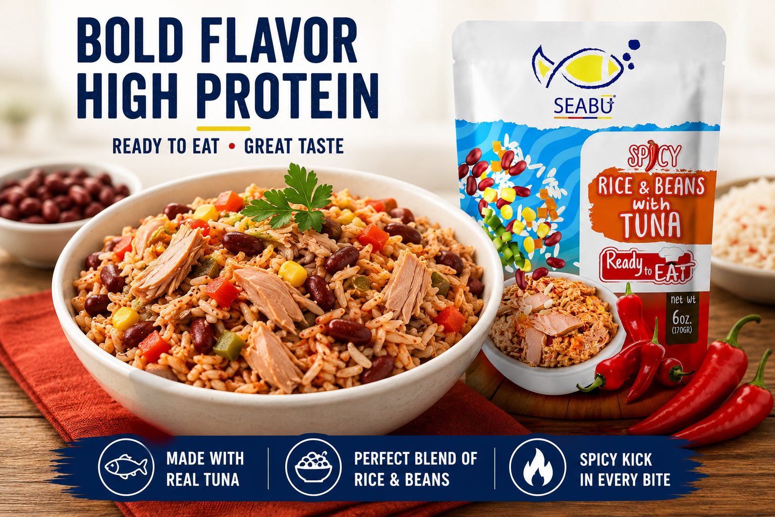 (Pack of 12) SEABU Spicy Rice & Beans with Tuna Ready-to-Eat Meal – 6 oz Pouch