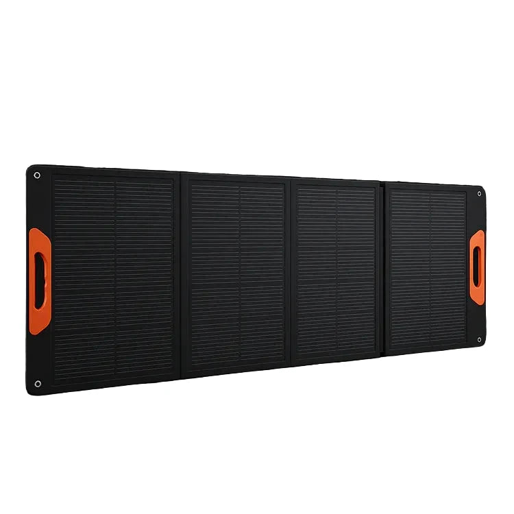 Black solar panel with orange handles on a black background