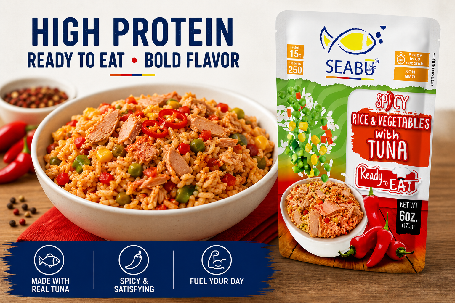 (Pack of 12) SEABU Spicy Rice & Vegetables with Tuna Ready-to-Eat Meal – 6 oz