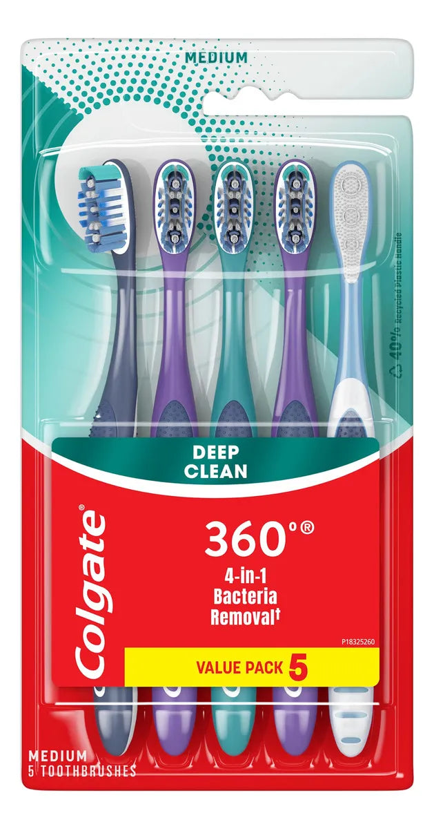 Colgate 360° Deep Clean Medium Toothbrushes – 4-in-1 Bacteria Removal Pack of 5
