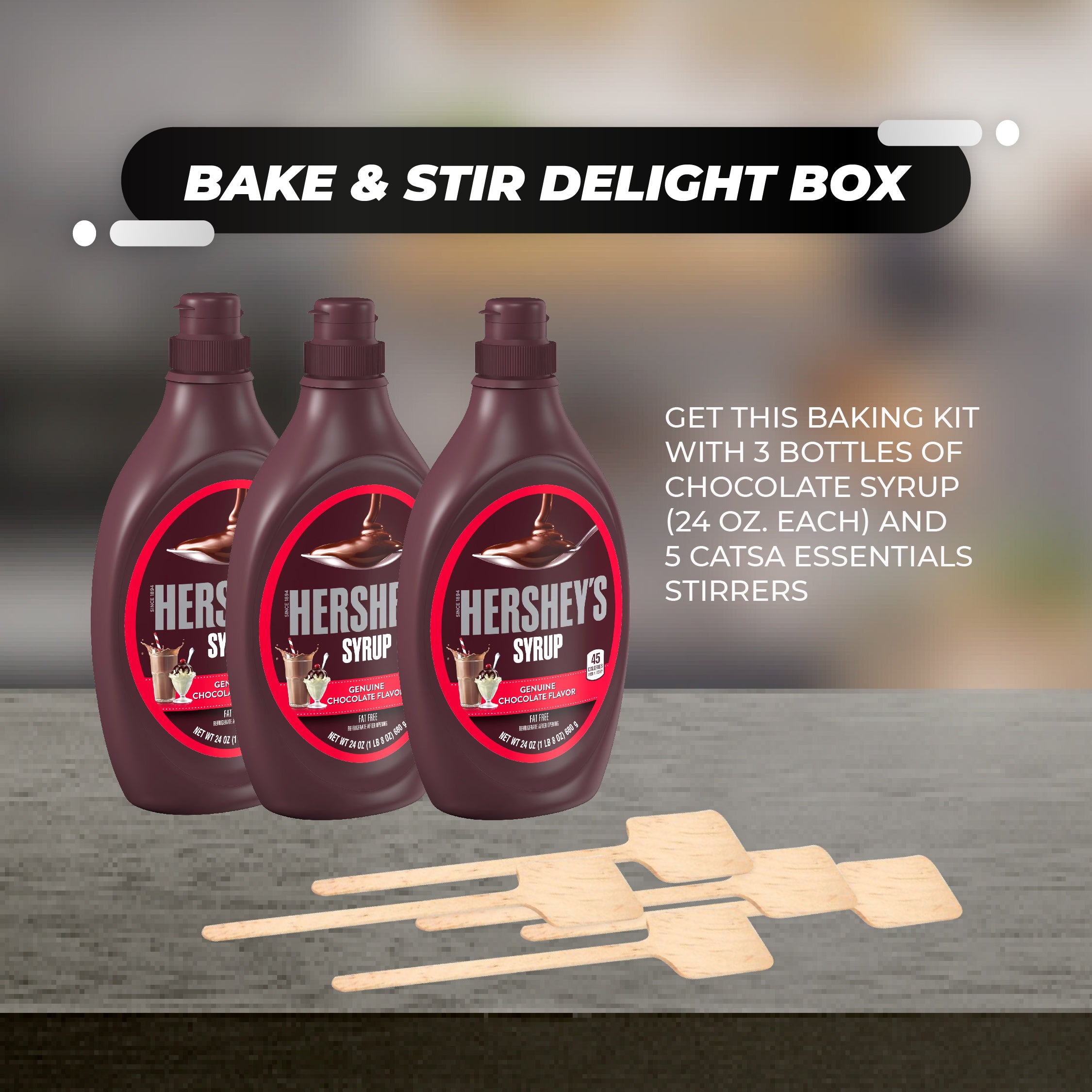 3 Hershey's Chocolate Syrup, 24 oz Each + 5 Catsa Essentials Stirrers in Convenient Catsa Essentials Pack Box