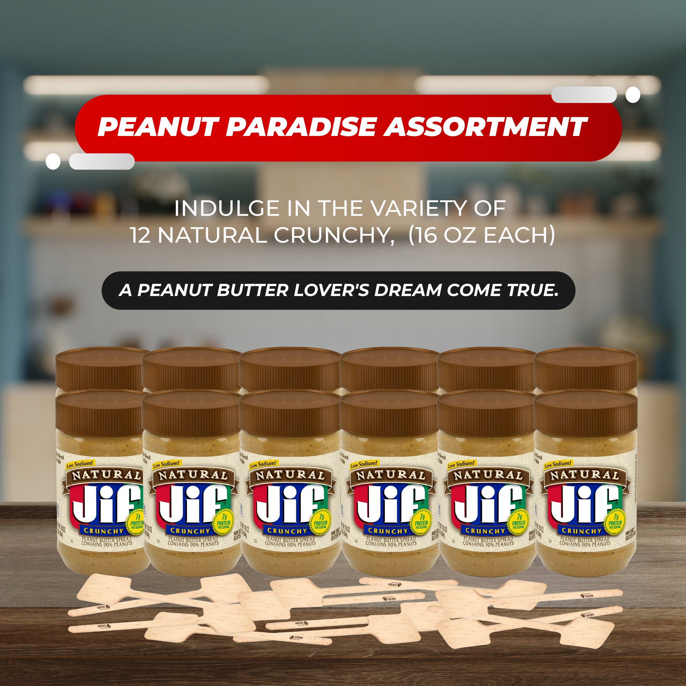 12 Jars Jif of Natural Crunchy Peanut Butter Spread (Contains 90% Peanuts), 16 oz Each + 12 Catsa Essentials Stirrers in Catsa Essentials Pack Box