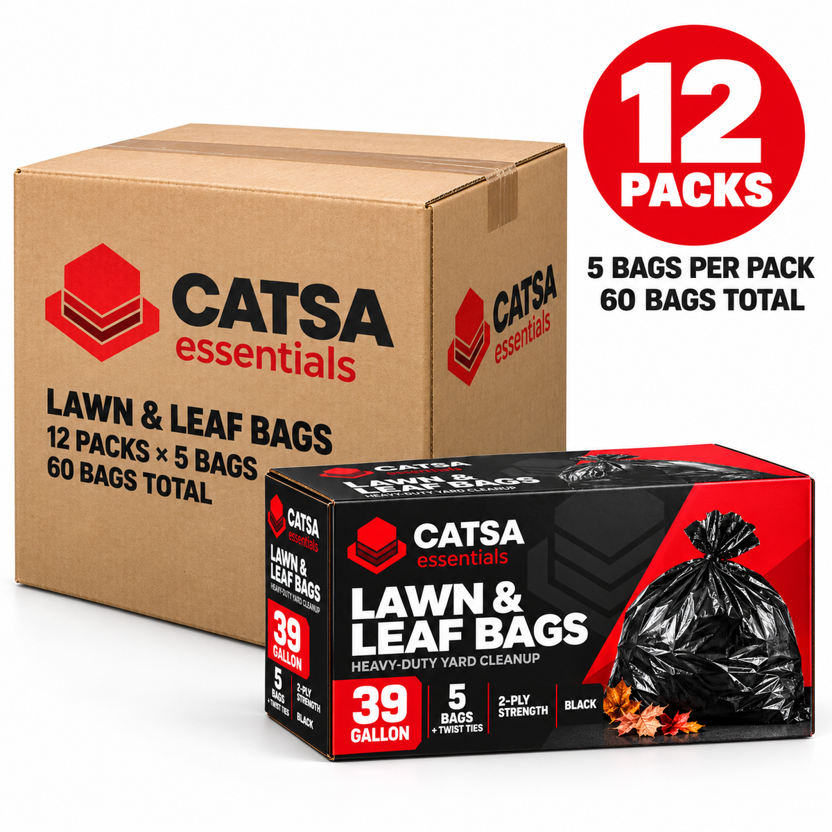 CATSA Essentials 39-Gallon Lawn & Leaf Trash Bags, Black – 12 Packs, 60 Bags Total