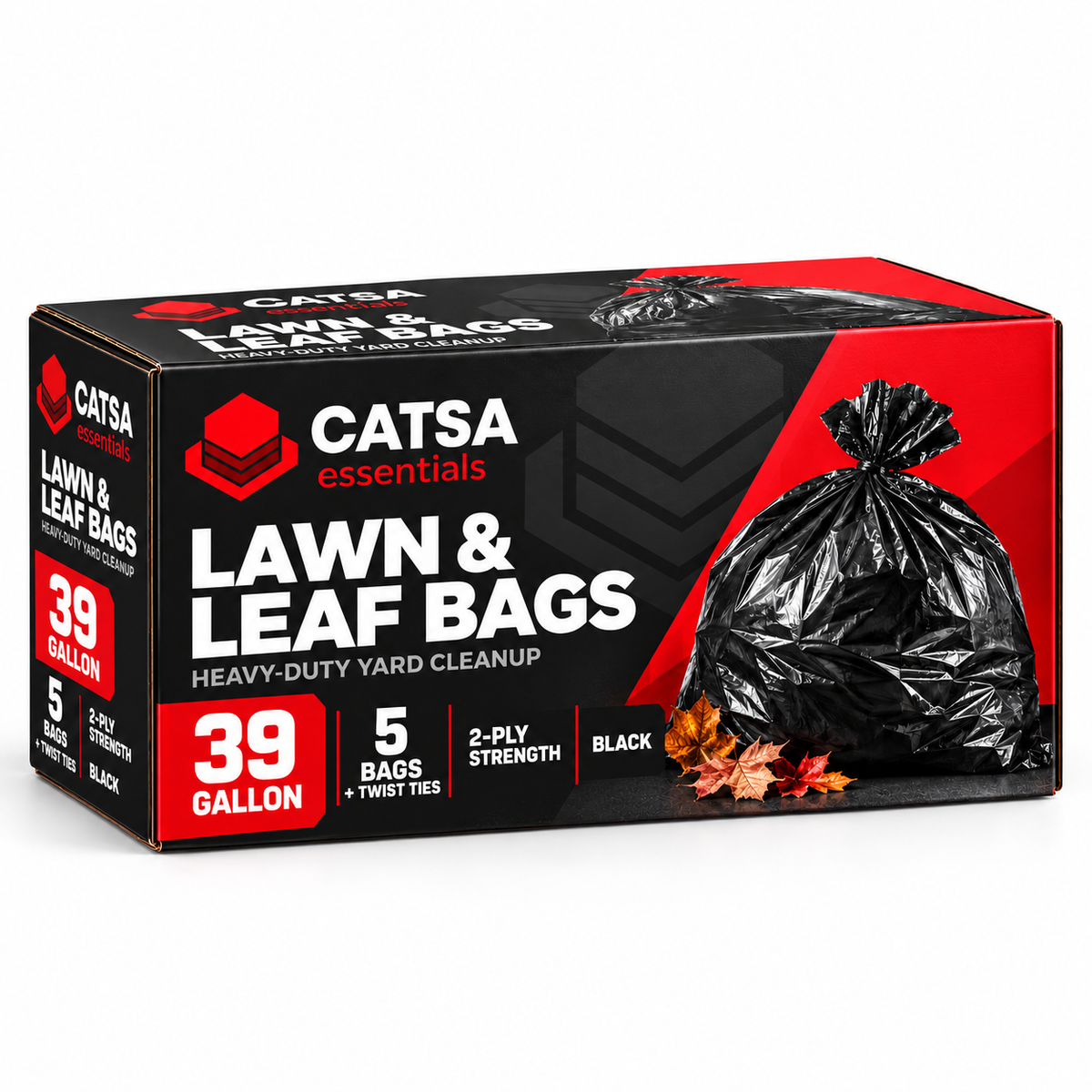 CATSA Essentials 39-Gallon Lawn & Leaf Trash Bags, Black – 12 Packs, 60 Bags Total