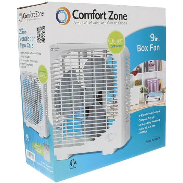 Comfort Zone 9" 3-Speed Portable Box Fan for Home, White.