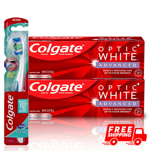 Colgate 360 Toothbrush with Tongue and Cheek Cleaner, Medium Toothbrush + 2 Units Colgate Optic White Advanced Teeth Whitening Toothpaste, 3.2 Oz.