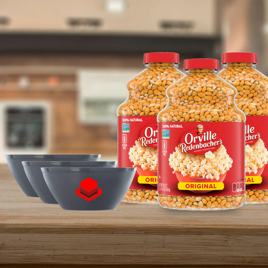 3 Orville Original Organic Popcorn Smartpop Kernels jar, 30 Oz Each + 3 Plastic Stackable Reusable Catsa Essentials, BPA-Free, Made in the USA, Dishwasher Safe Dinnerware, 28 oz with Catsa Essentials Pack Box