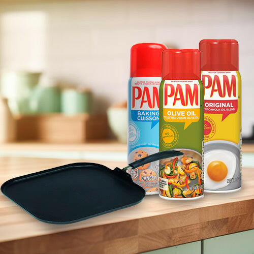 1 Pam Baking Cuisson Spray, 5 Oz + 1 Pam Olive Oil Cooking Spray, 5 Oz + 1 Pam No-Stick Cooking Spray Original, 6 Oz + 1 Imusa Chef Square Griddle 10.5" 2.0mm