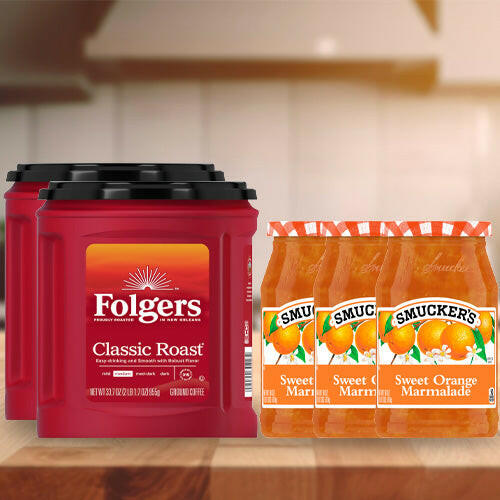 2 Folgers Classic Roast Ground Coffee, 33.7 Ounce + 3 Smucker's Sweet Orange Marmalade, 18 oz.