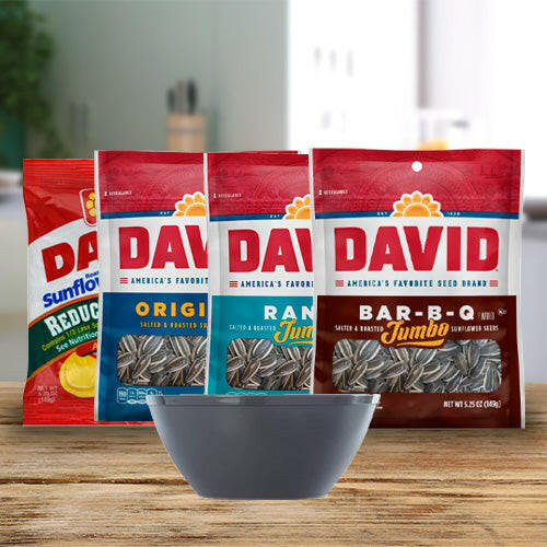 Kit David Seeds:  Jumbo Sunflower Ranch Flavor, 5.25 Oz +Reduced Sodium In-Shell Sunflower Seeds 5.25 oz +Original Sunflower Seeds 5.25oz + Bar-B-Q Sunflower Seeds 5.25oz + Bowl as a gift