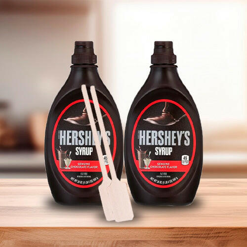 2 Hershey's, Chocolate Syrup, 24 oz + 12 units wooden stirrers.