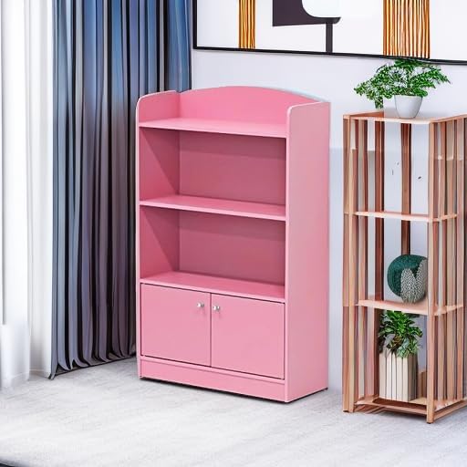 Furinno Bookshelf with Storage Cabinet, 2-Shelf with Doors, Pink (OPEN BOX)