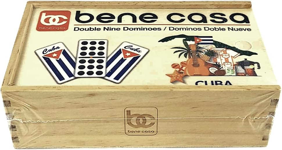 Bene Casa - Cuban Flag Double Nines Dominoes Set - 2-10 Players - Wooden Box with 55 Dominos