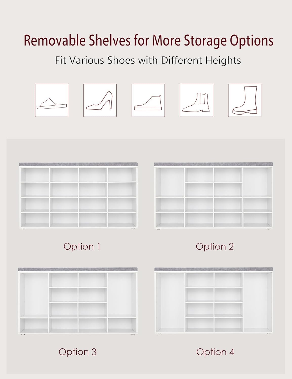 DINZI LVJ Shoe Storage Bench with Cushion, 16-Cubby Shoe Rack, Adjustable Shelves, Multifunctional Shoe Organizer Bench for Entryway, Mudroom, Hallway, Living Room, Bedroom and Garage, White (Open Box)