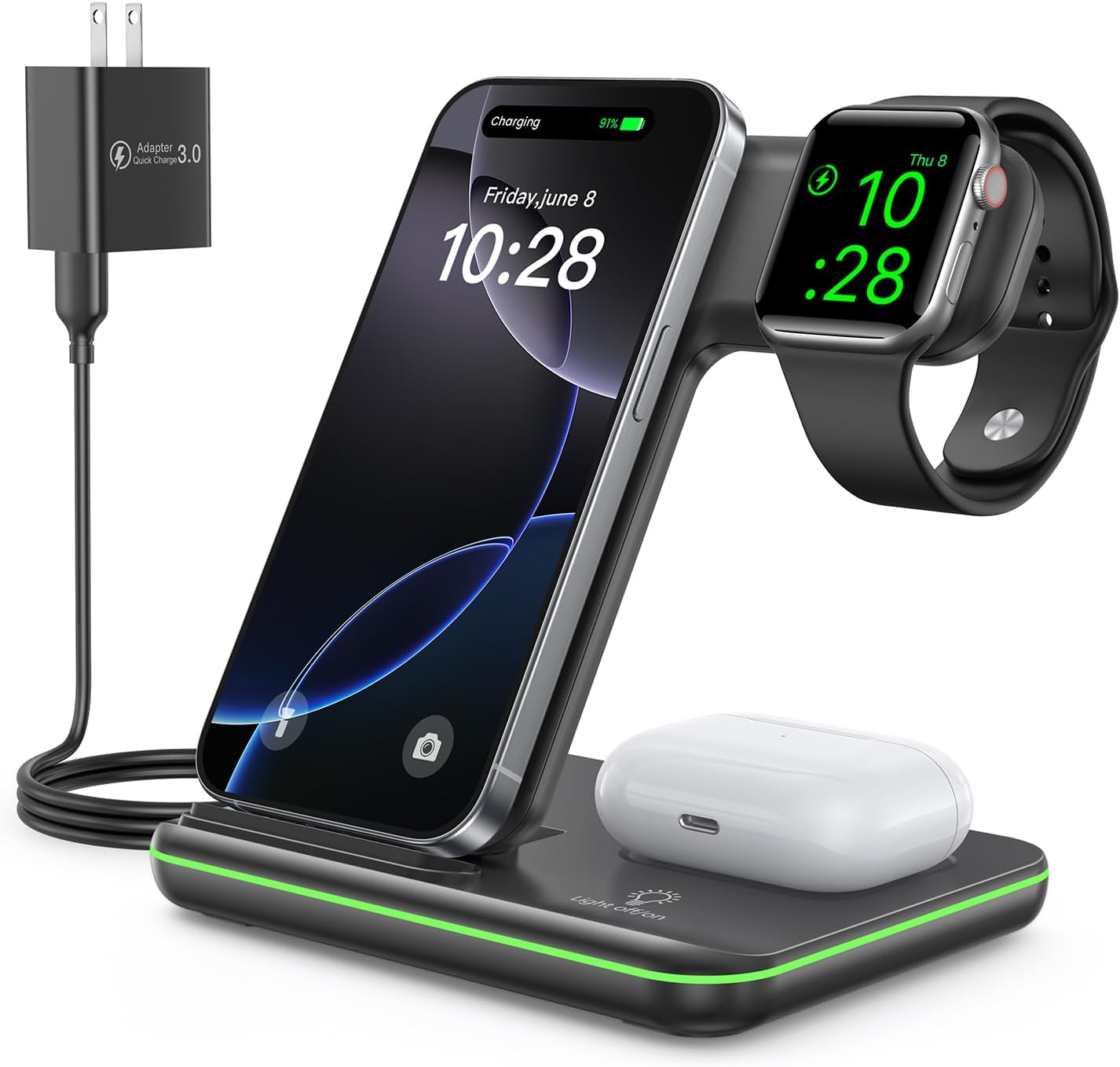 WAITIEE Wireless Charger for iPhone 17 16 15 14 13 12 11 X 8, 3 in 1 Charging Station for Apple Watch 11/10/9/8/7/6/5/4/3/2/SE/Ultra/Ultra 2/Ultra 3 & for AirPods 4/3/2/Pro/Pro 2