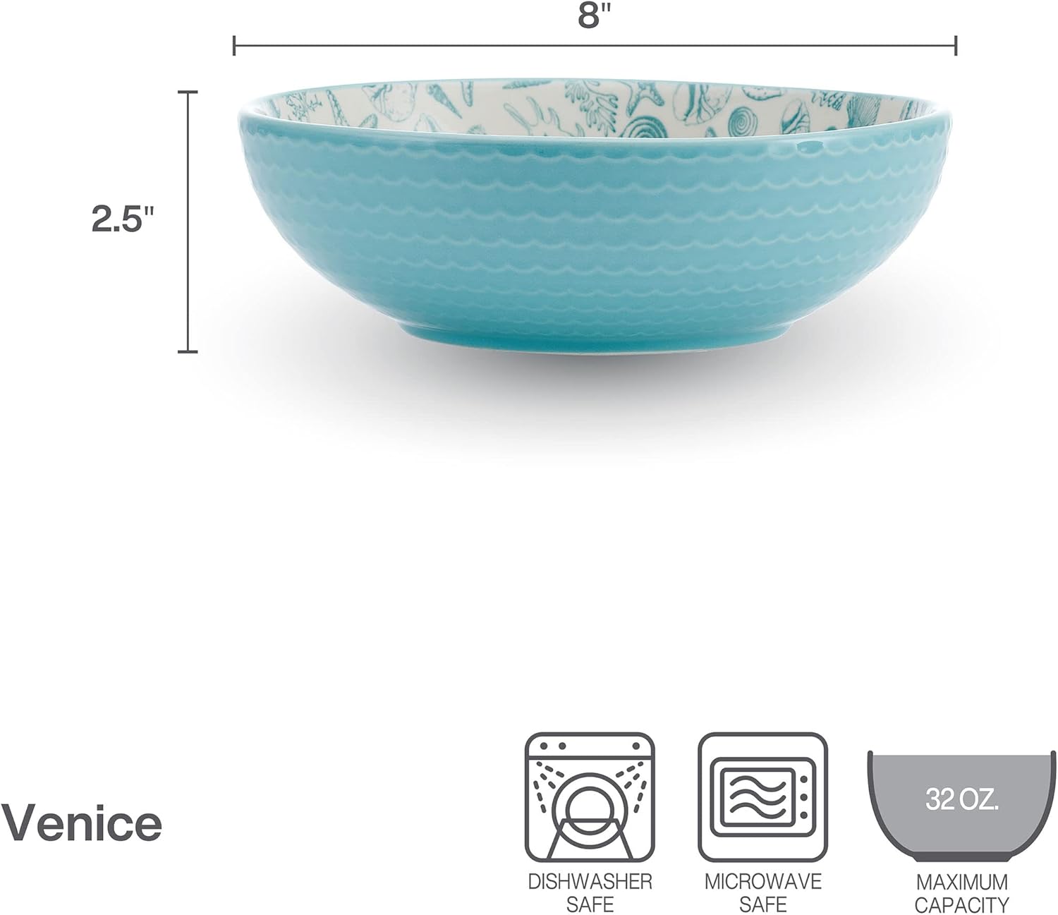 Pfaltzgraff Venice Set of 2 Pasta Bowls, 8 Inch, Teal and White