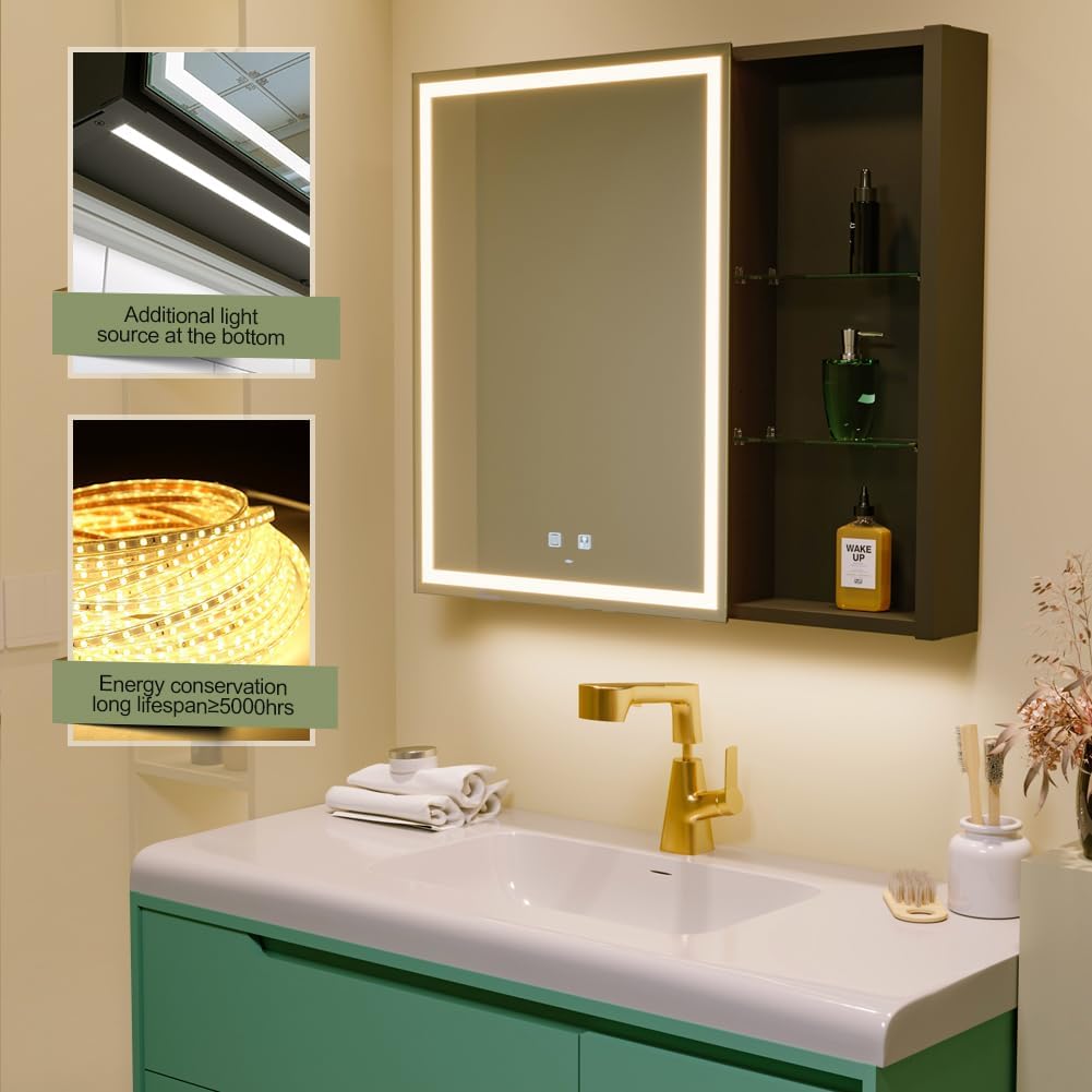 KWW LED Lighted Bathroom Medicine Cabinet with Sockets & USBs, Defogger, Dimmable, 3 Color Light Makeup Mirror, Easy to Install, Wall Mounted Cabinet (29.5 * 28) (OPEN BOX)
