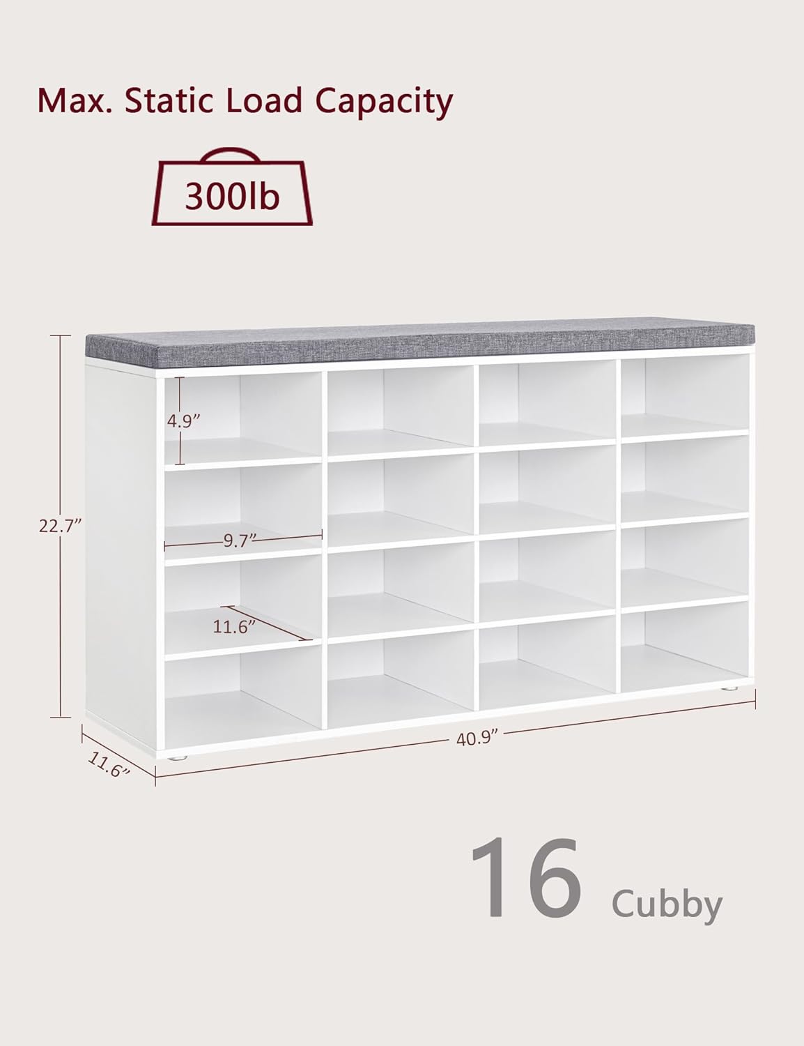 DINZI LVJ Shoe Storage Bench with Cushion, 16-Cubby Shoe Rack, Adjustable Shelves, Multifunctional Shoe Organizer Bench for Entryway, Mudroom, Hallway, Living Room, Bedroom and Garage, White (Open Box)