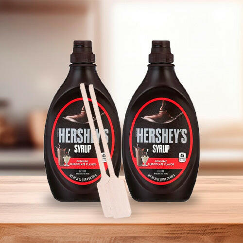 2 Hershey's, Chocolate Syrup, 24 oz + 12 units wooden stirrers