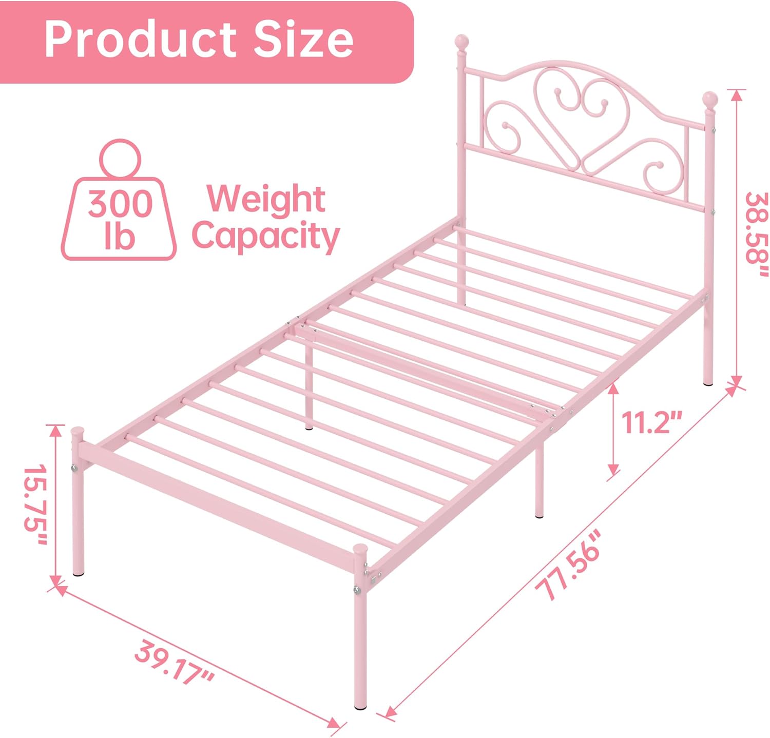Weehom Twin Bed Frames with Headboard, Heavy Duty Metal Platform Under Bed Storage Space Easy Assembly for Kids Girls Adults, Pink (OPEN BOX)
