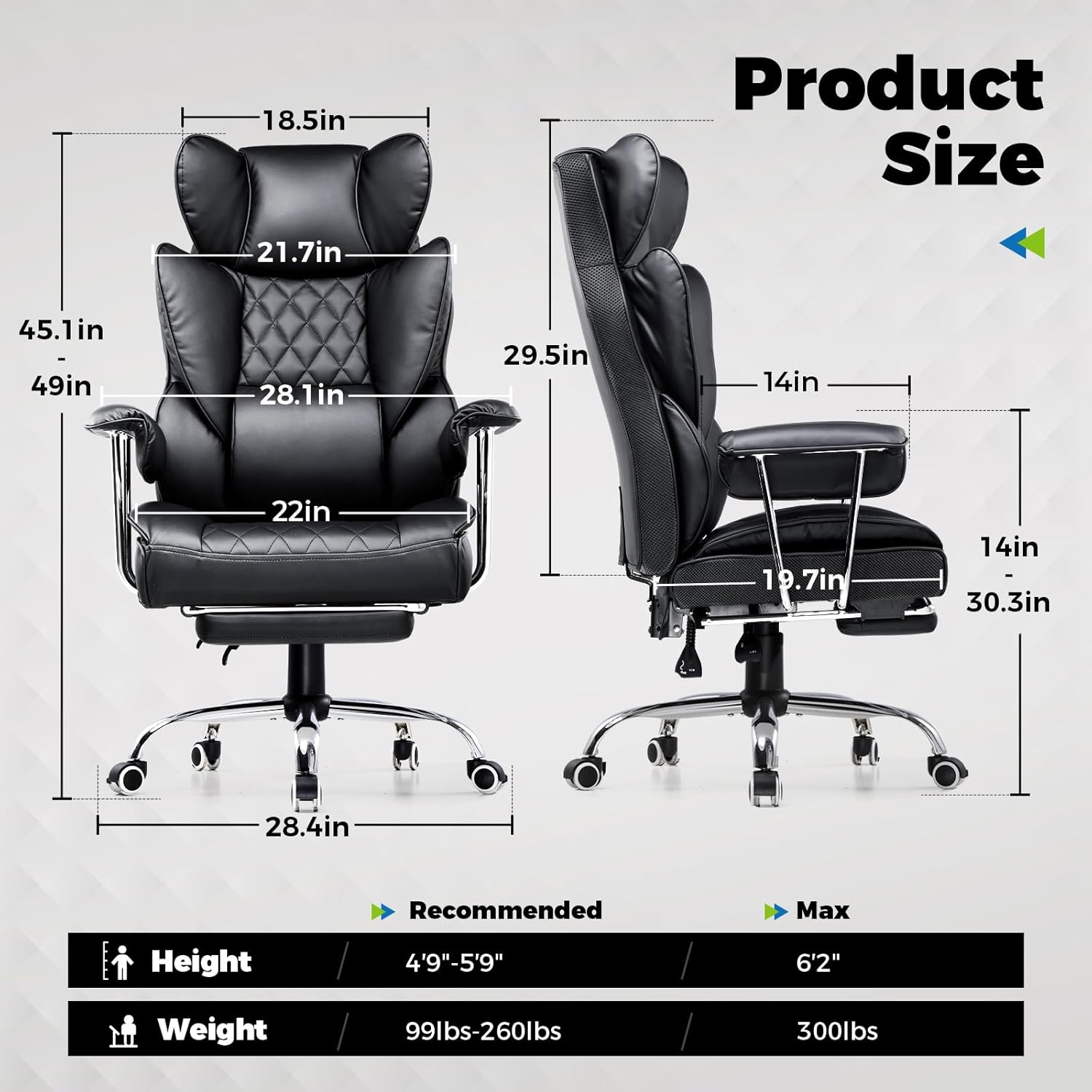COMHOMA Big and Tall Office Chair, High Back Leather Gaming Chair with Footrest, Executive Ergonomic Office Chair with Pocket Spring Lumbar Support and with Outward Fixed Soft Armrests (OPEN BOX)