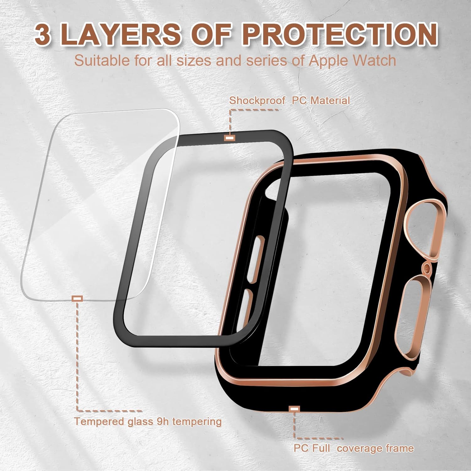 ORIbox Hard PC Case with Tempered Glass Screen Protector Compatible with Apple Watch Series 7, Full Coverage, Ultra-Thin HD Bumper Protective Cover, Black Rose Gold