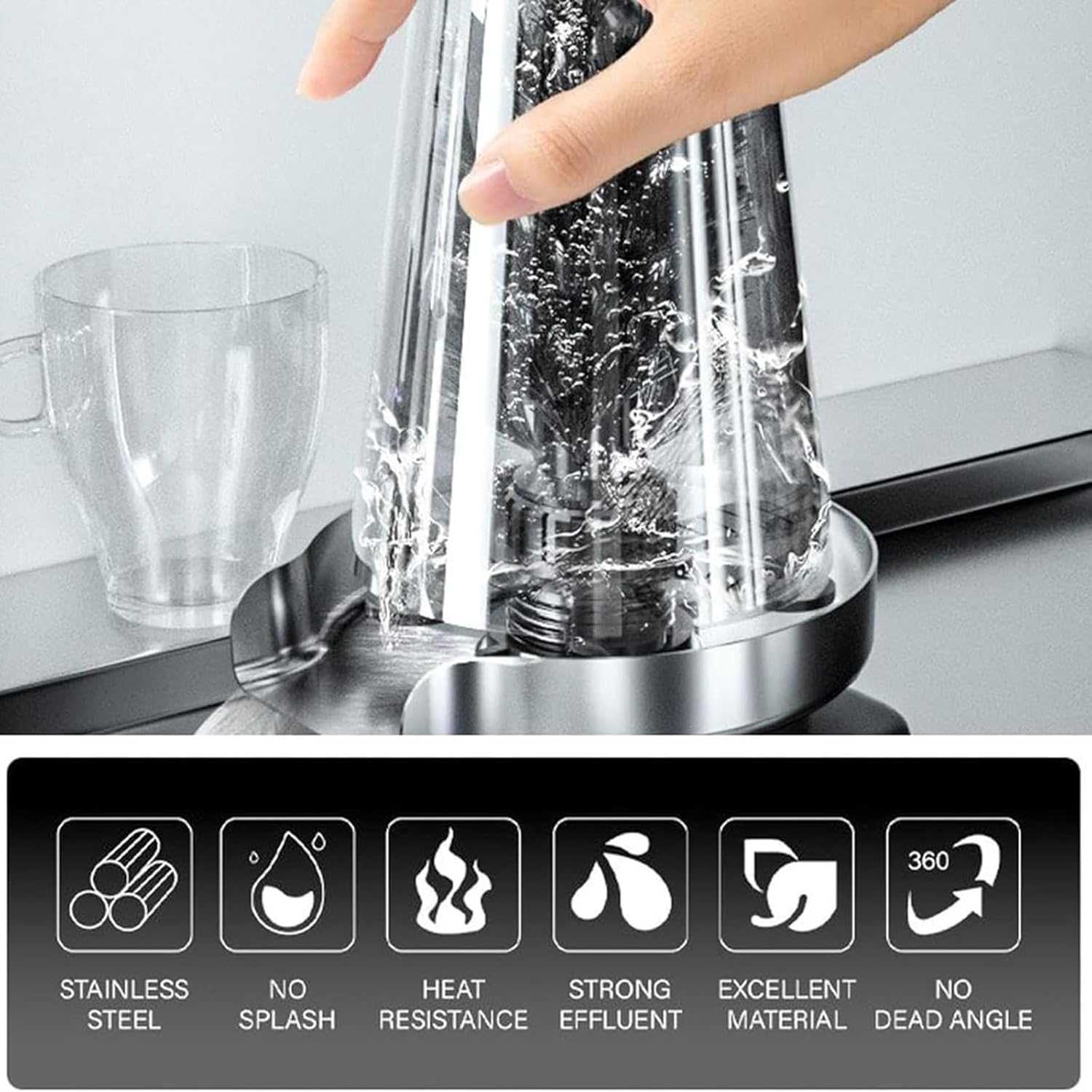 Automatic Electric Cup Washer, High Pressure Washing Machine with Brush and Nine-Hole Charged Nozzle, 10° sloped Bottom Design, for Sink Kitchen Bar Coffee Shop